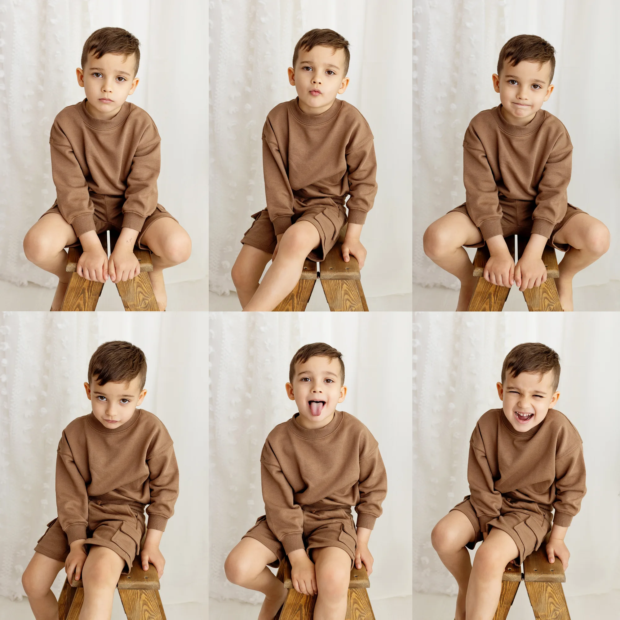 Collage of six portraits of a boy from a family session in a Warsaw studio