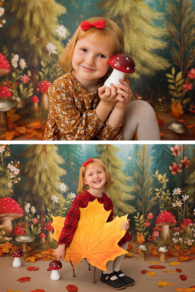 Autumn photo session at preschool — portrait of a child with a pumpkin and toadstools