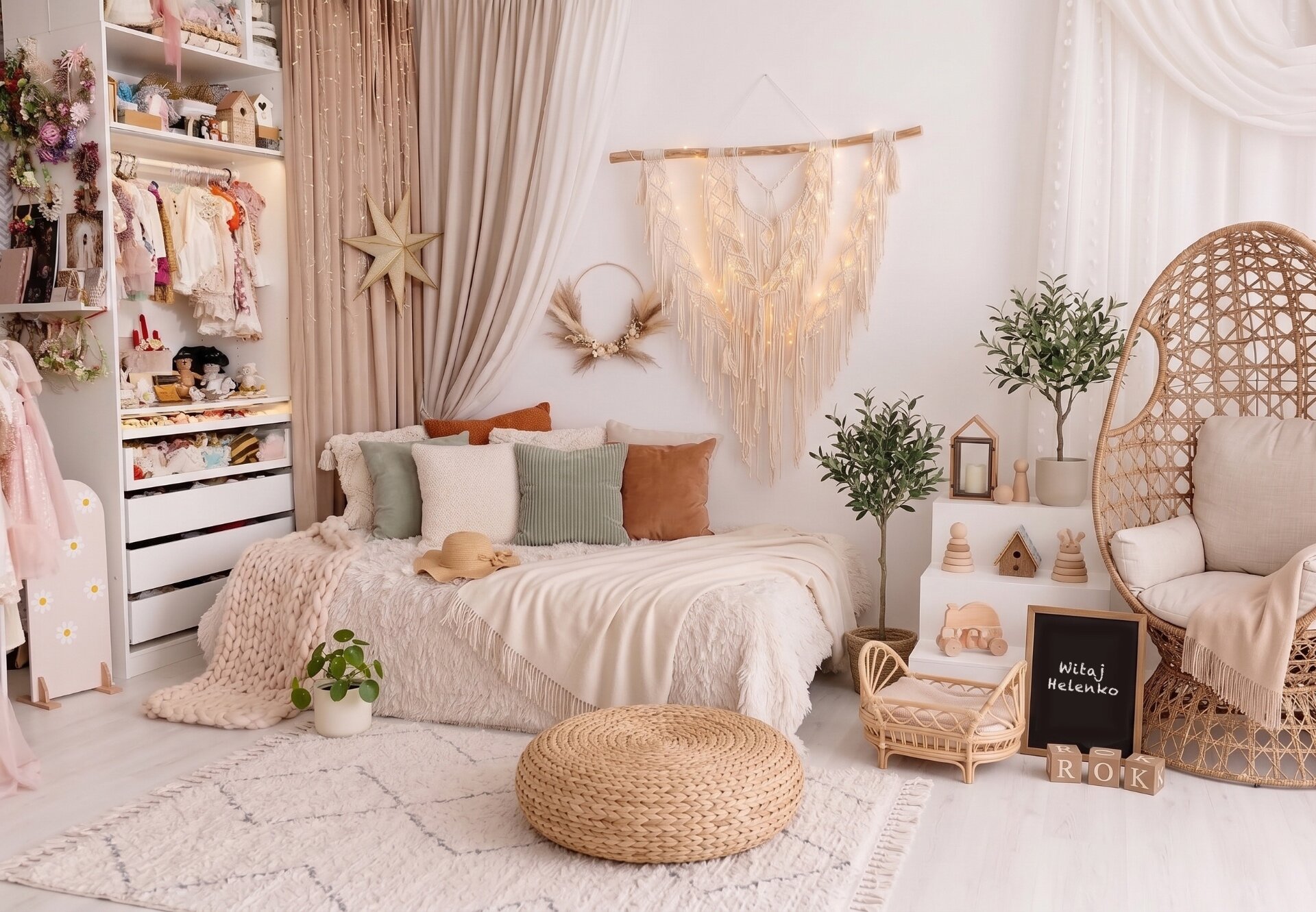 Studio fotograficzne w Warszawie — boho scenografia z sofą, makramą i wiklinową kołyską