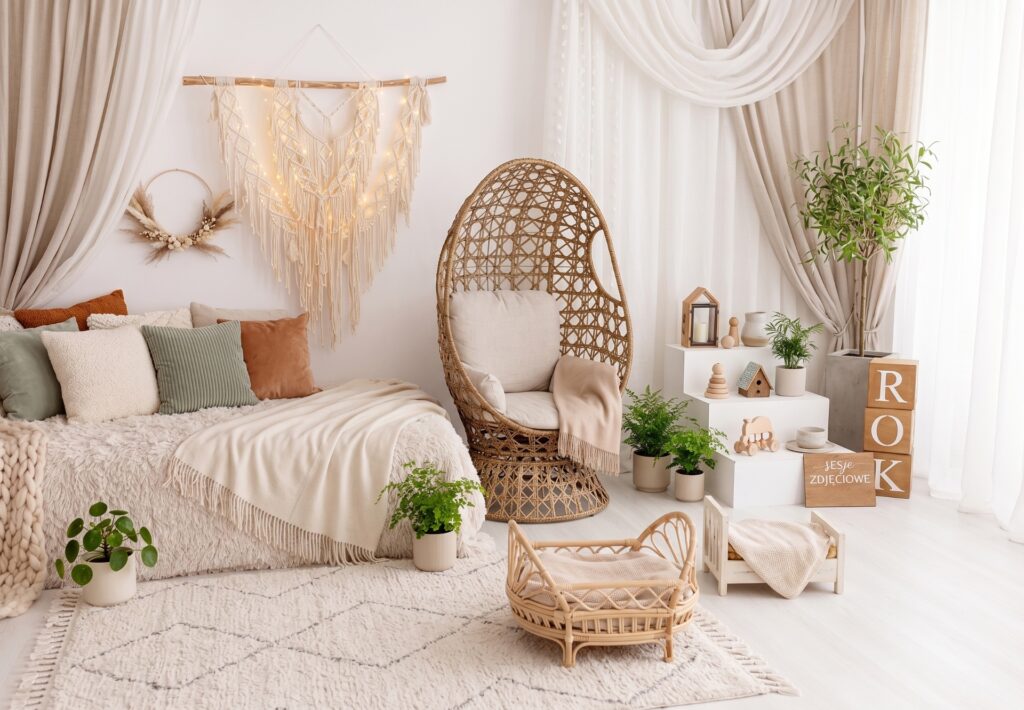 Wnętrze studia fotograficznego w Warszawie — regał z garderobą, sofa i boho dekoracje