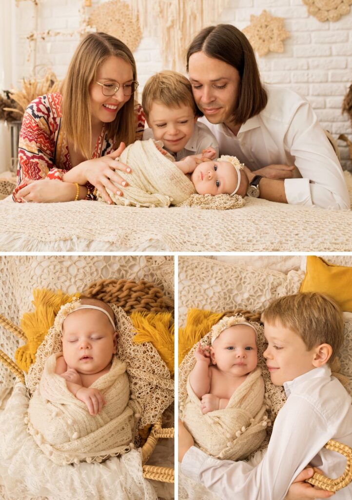 Boho-style family newborn session — preparing for a photo session
