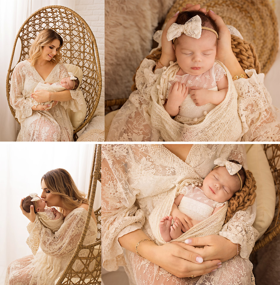 Mum with her newborn in a light lace outfit during a boho session