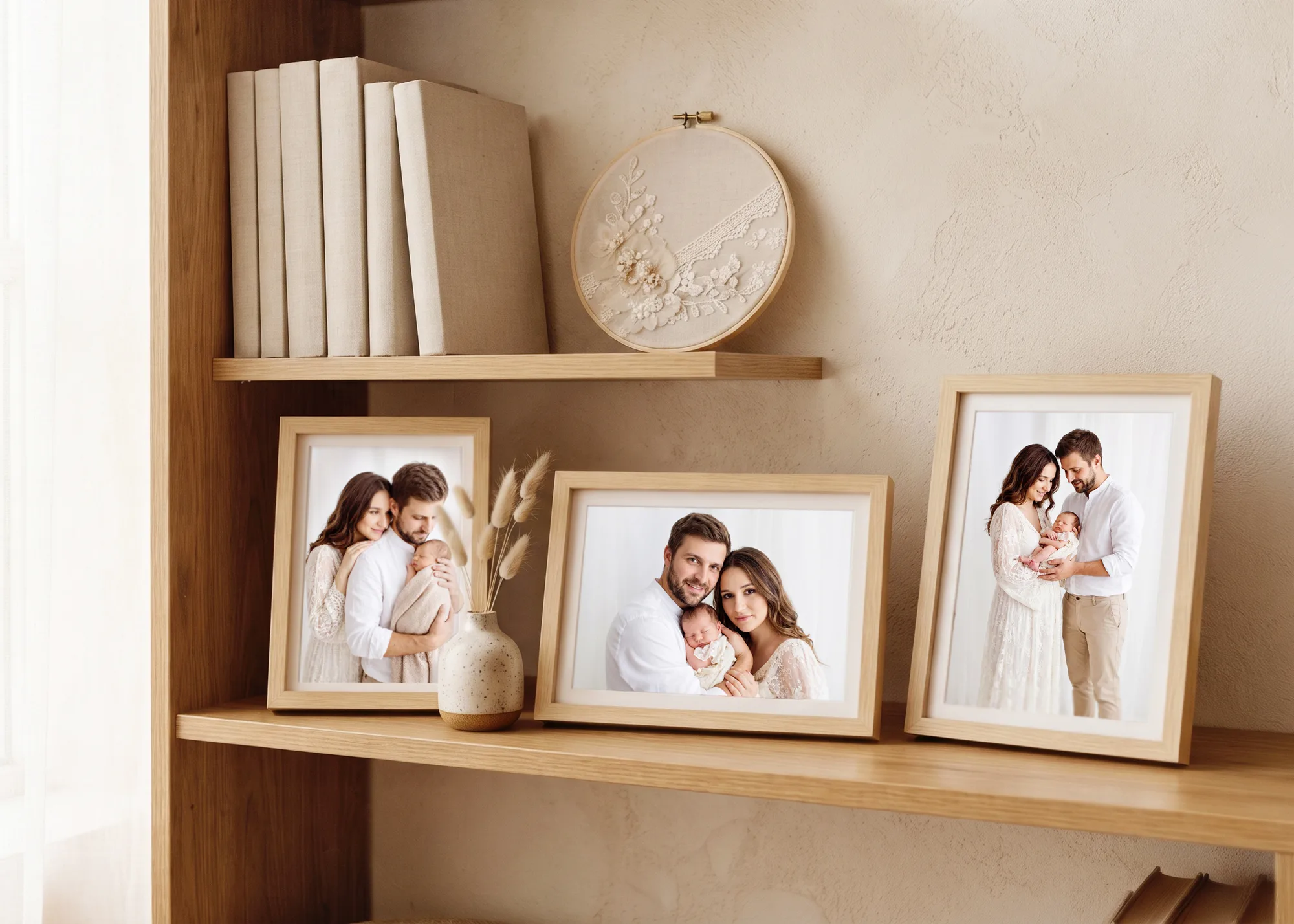 Shelf with framed family photos from a studio session in Warsaw