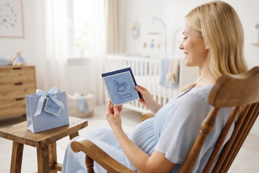 Pale blue photo session gift voucher — pregnant woman in a blue gown with a gift card