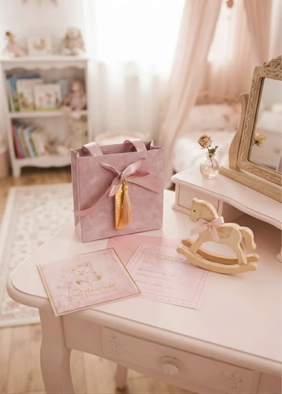 Pink photo session gift voucher — gift card with a teddy bear on a dressing table