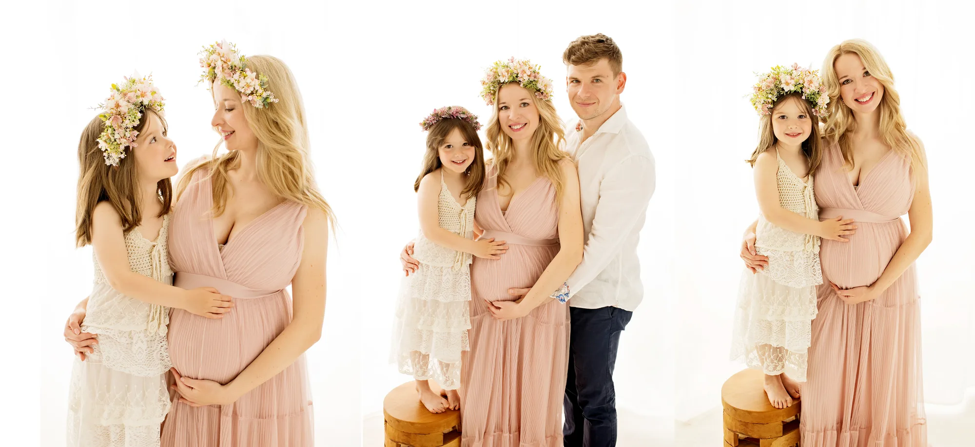 Maternity session in Warsaw — mum-to-be with her daughter in flower crowns, bright studio