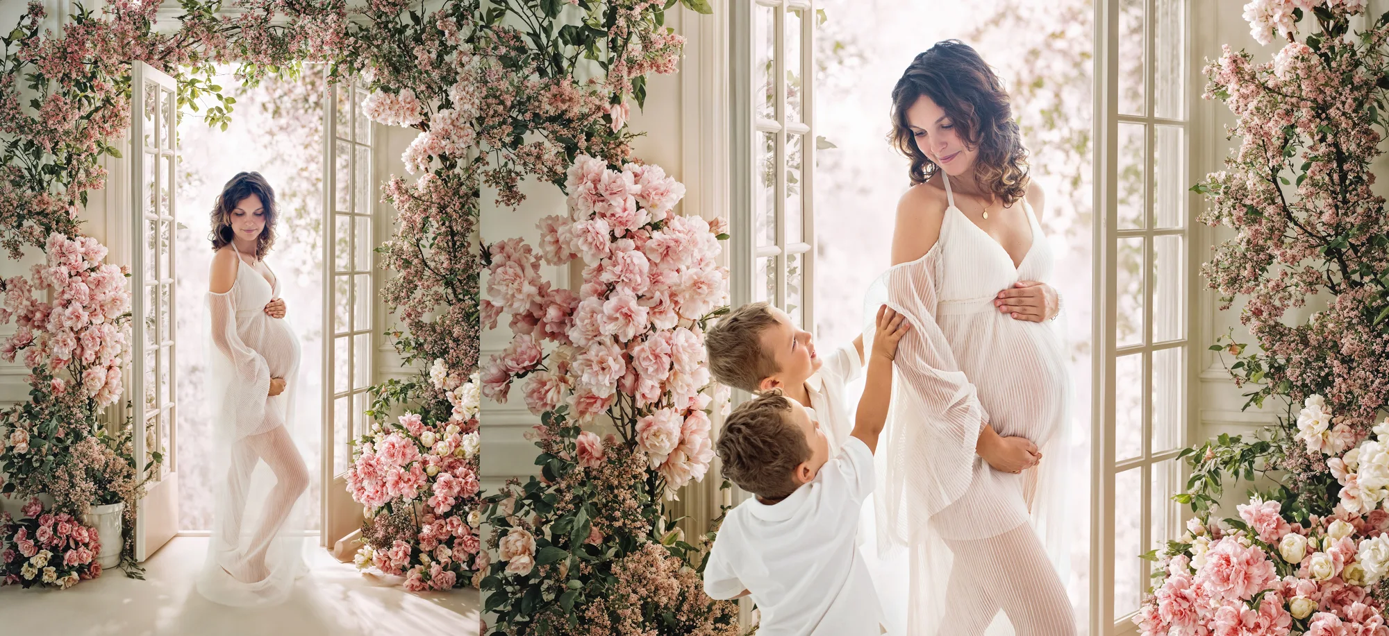 Maternity photography in a Warsaw studio — mum-to-be with her sons in a rose set