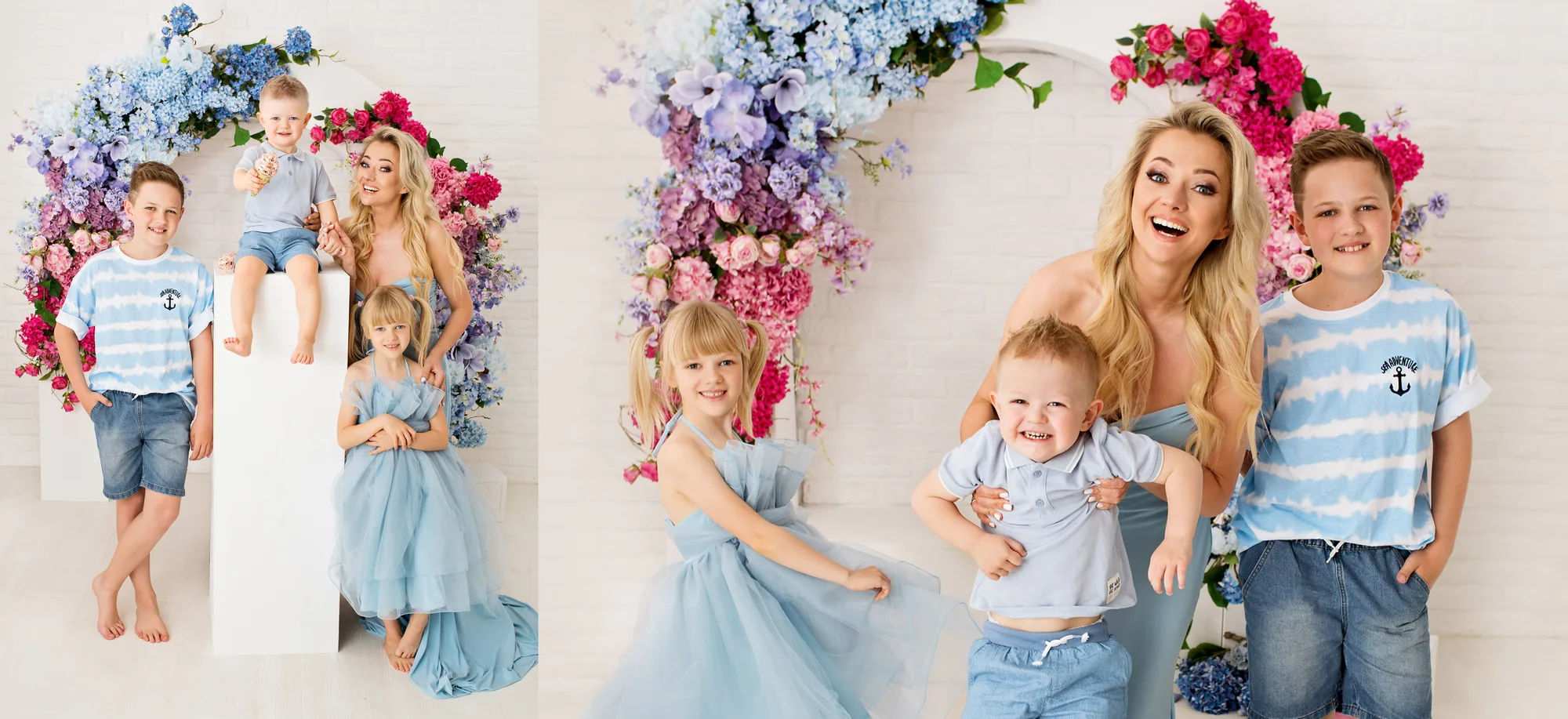 Family photography in a Warsaw studio — mum with her three children in a floral set