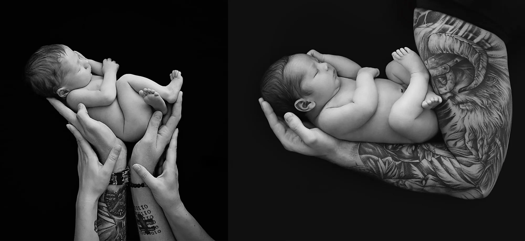 Black-and-white newborn photography — newborn in the parents’ hands