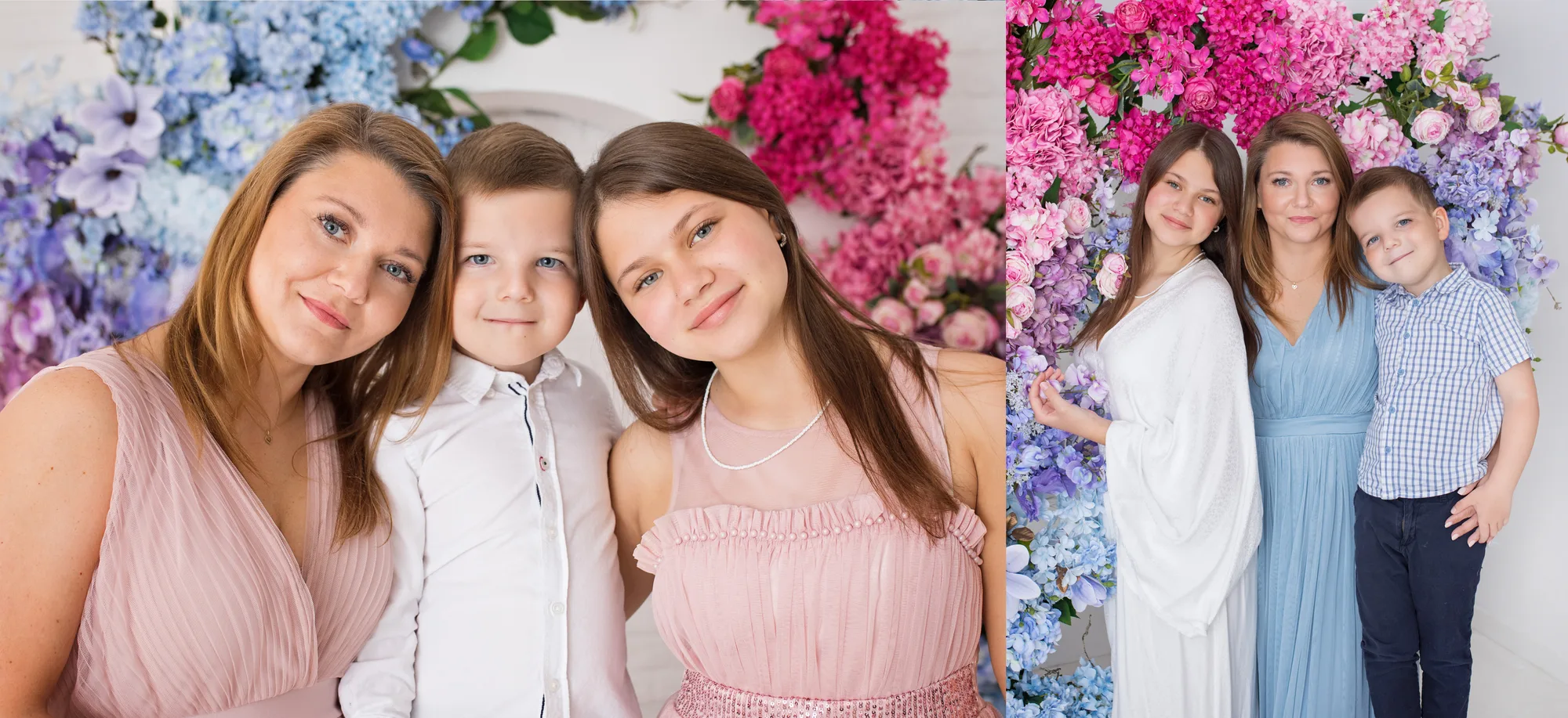 Children’s studio session in Warsaw — mum with her children in a floral set