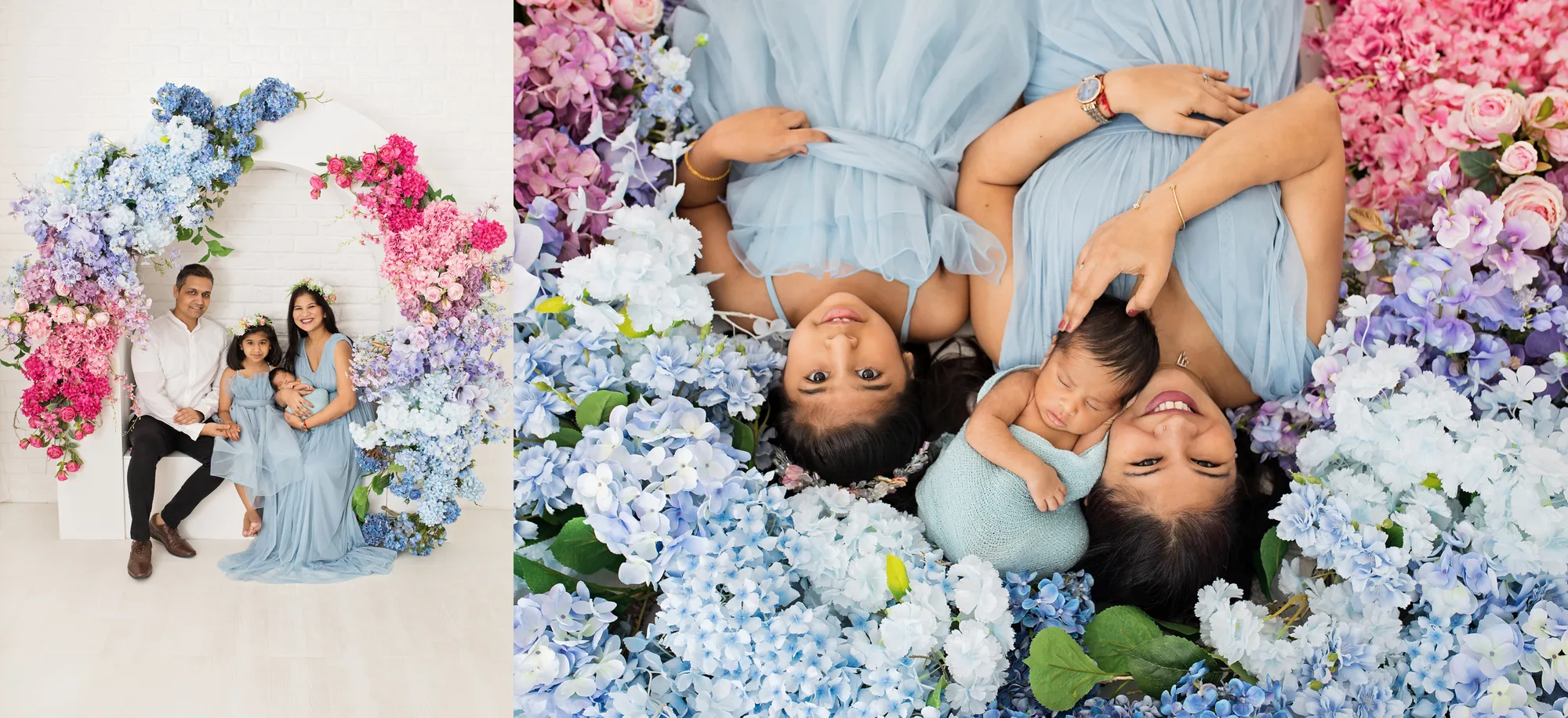 Newborn studio session — family with their newborn among hydrangeas