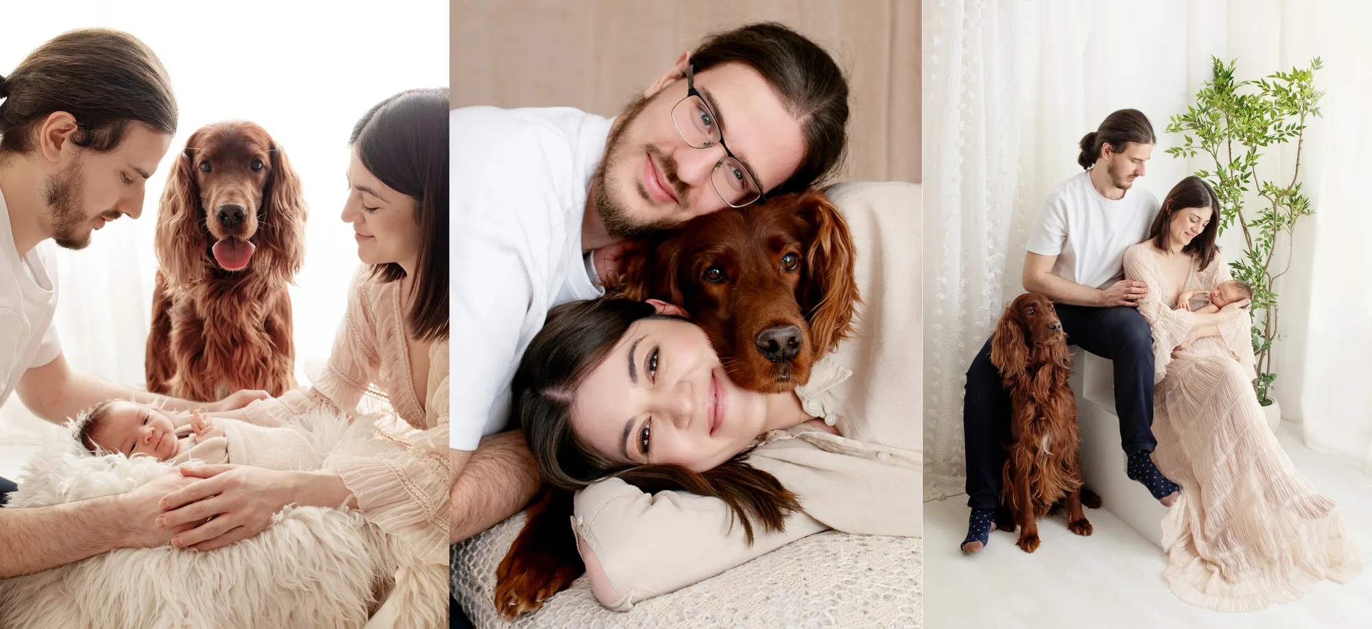 Natural family session in a Warsaw studio — parents with their newborn and dog